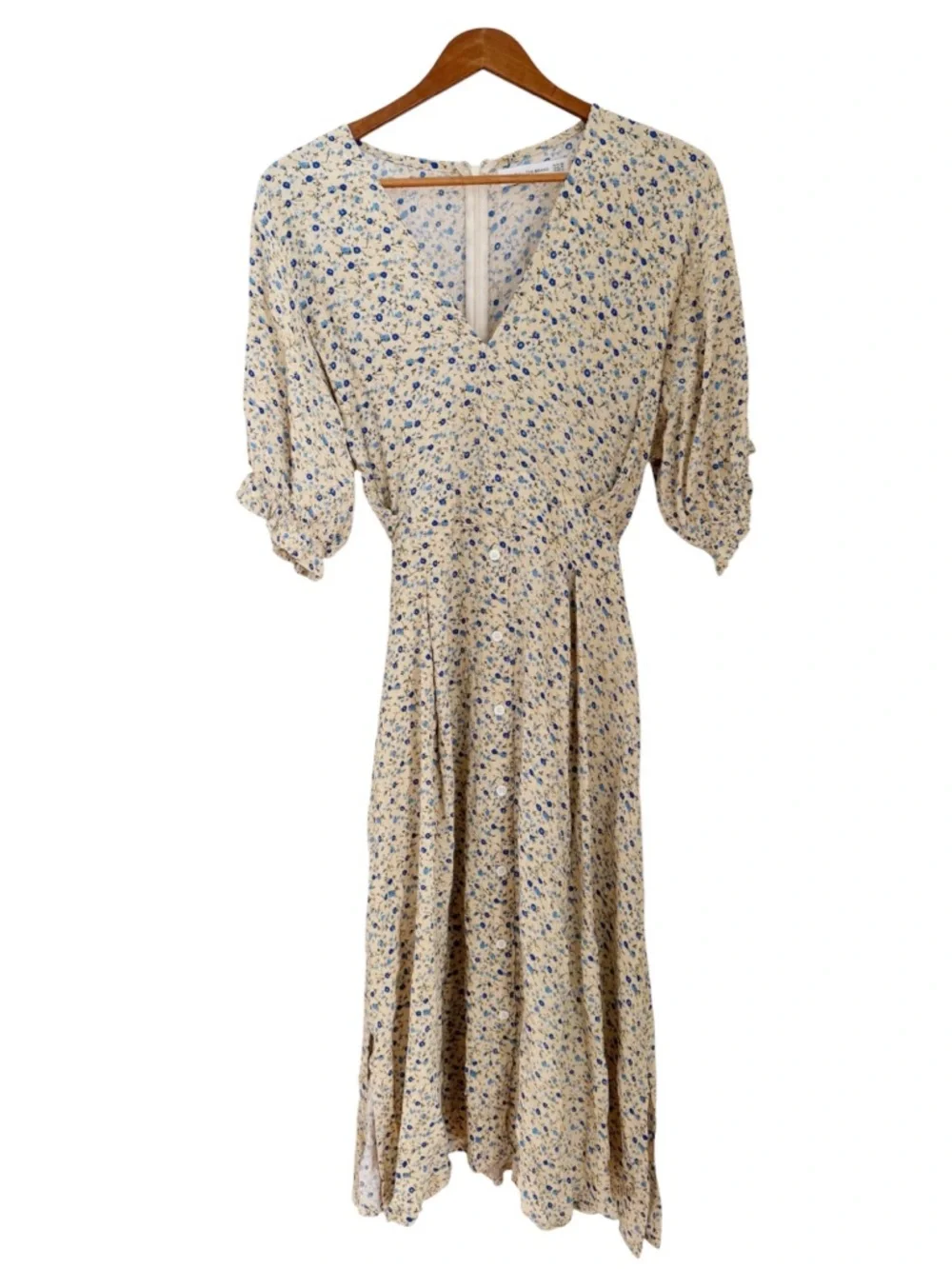 Faithfull the Brand Farrah Midi Dress Cornflower Blue Floral Butter Yellow Large